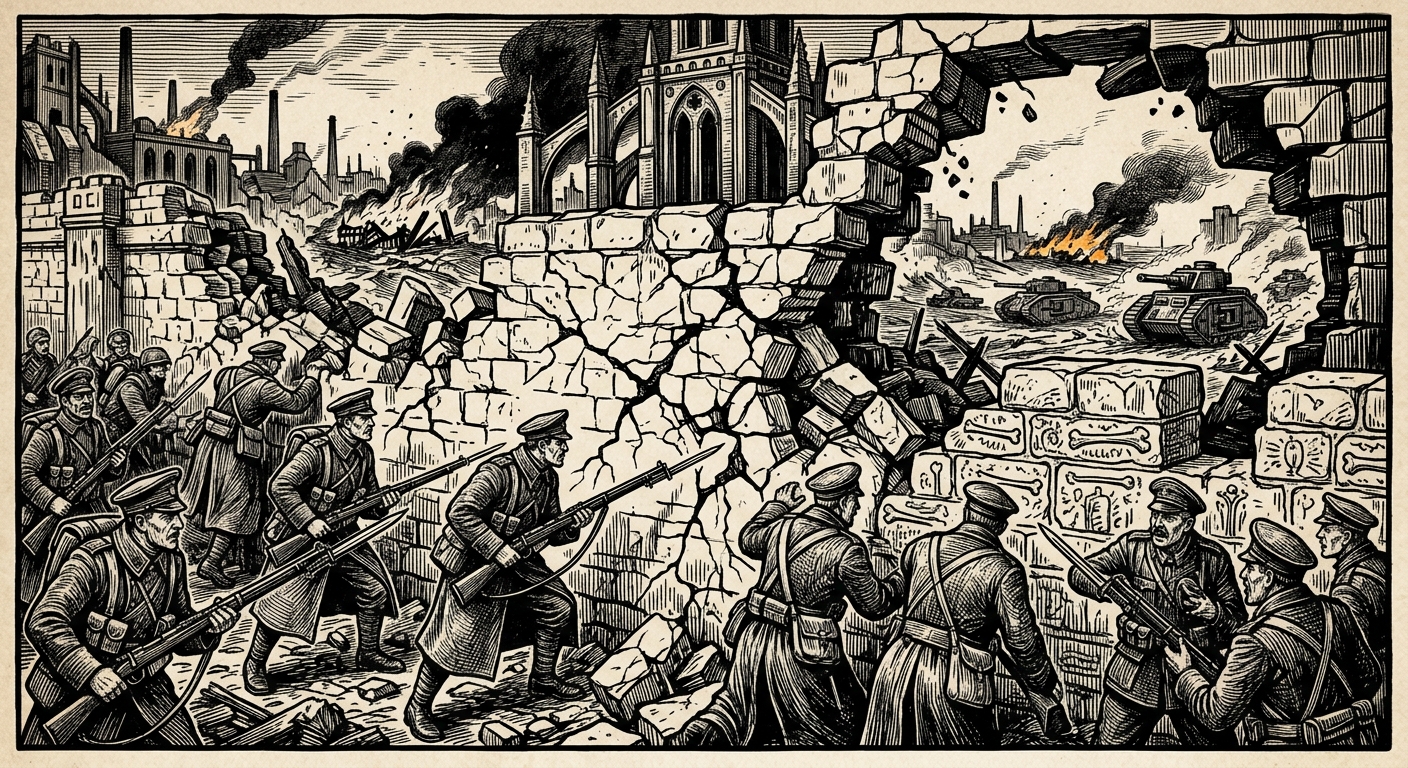 Cracked Ring Sieges — On the First Cracks, rendered as woodcut.