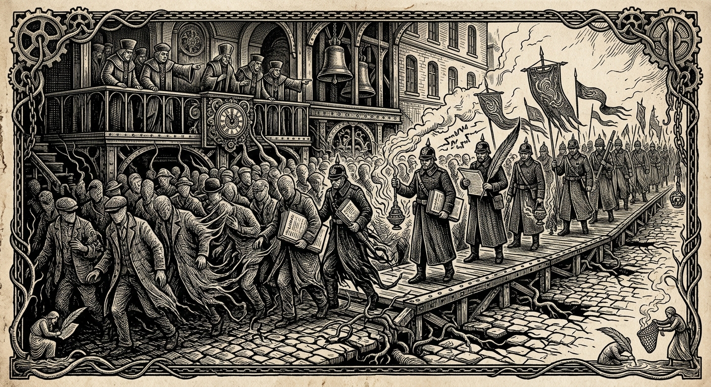 Demon-Route Years — On Echo Crowds and False Attendance, rendered as woodcut.