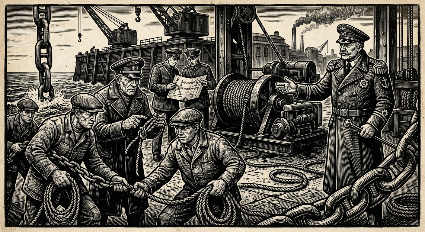 Custodians of the Chain — On Ranks, Apprentices, and Rope Law, rendered as woodcut.