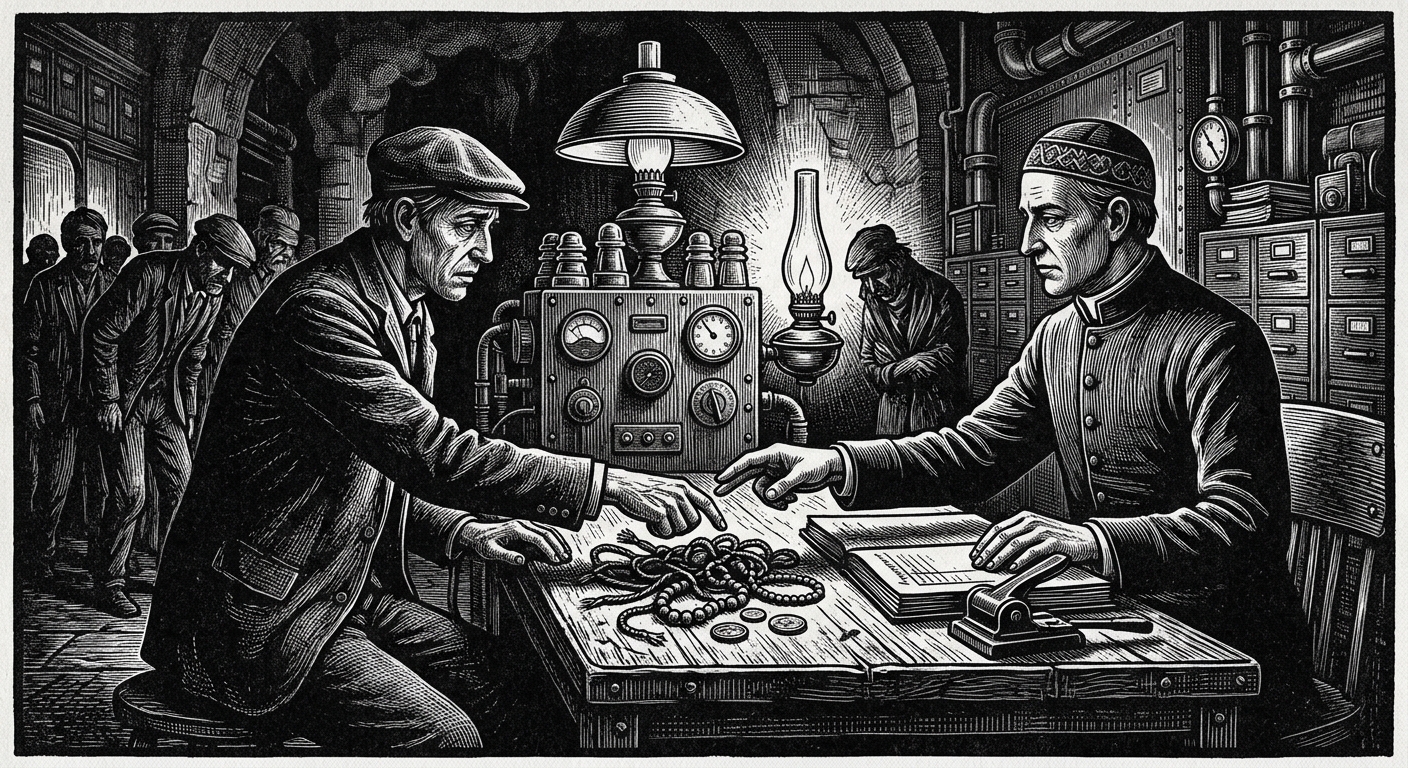 Desk Eleven — On Intake and the First Touch, rendered as woodcut.