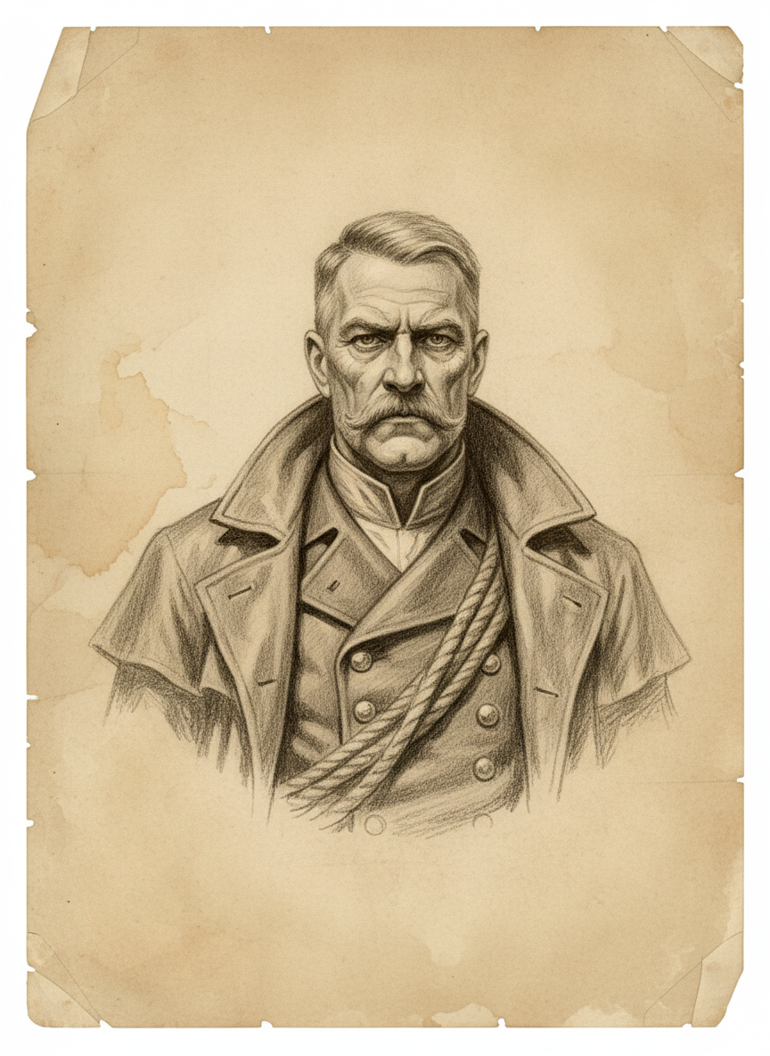 Black and white pencil dossier portrait of Diver-Captain Sain, shown head and shoulders on vellum.