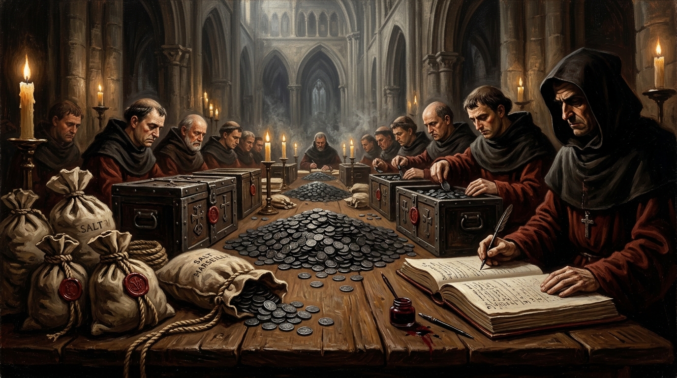 Oil painting of Synod clerks counting Crowns of Grace in a candlelit counting room, with red-black ledgers, sealed coin chests, salt sacks, and oxblood wax.