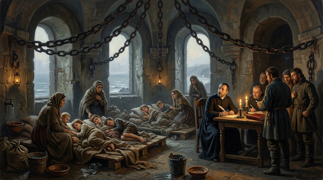 Oil painting of refugee children beneath Thessaloniki Harbor-Chain Towers at dawn, surrounded by anxious adults, huge chains, salt water, candles, and clerks.