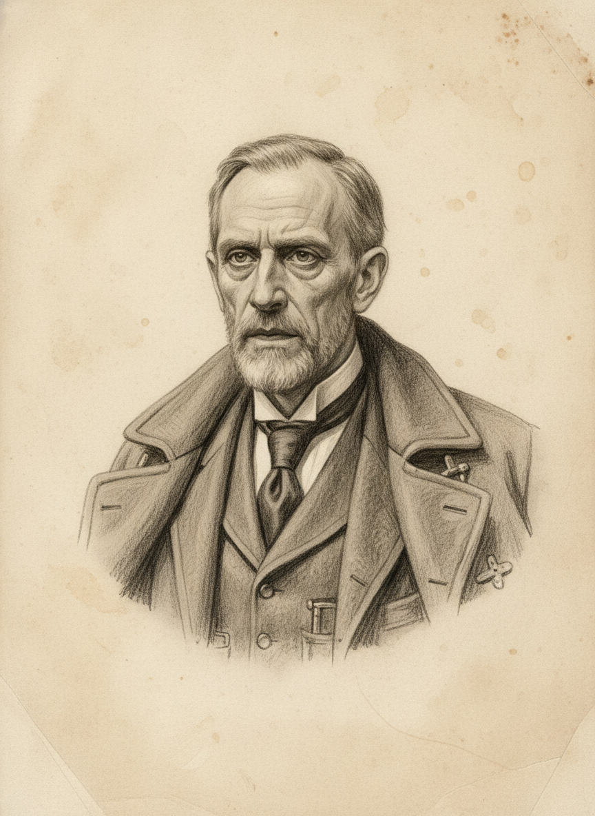 Black and white pencil dossier portrait of Dr. Matthias Voll, shown head and shoulders on vellum.