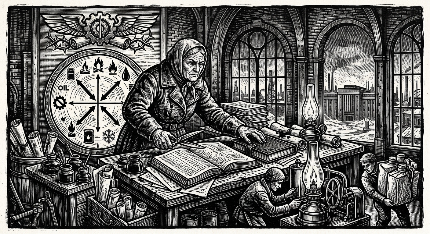 Elder Sigrun Half-Wick — On Malthus, Paper, and the Southern Lie, rendered as woodcut.