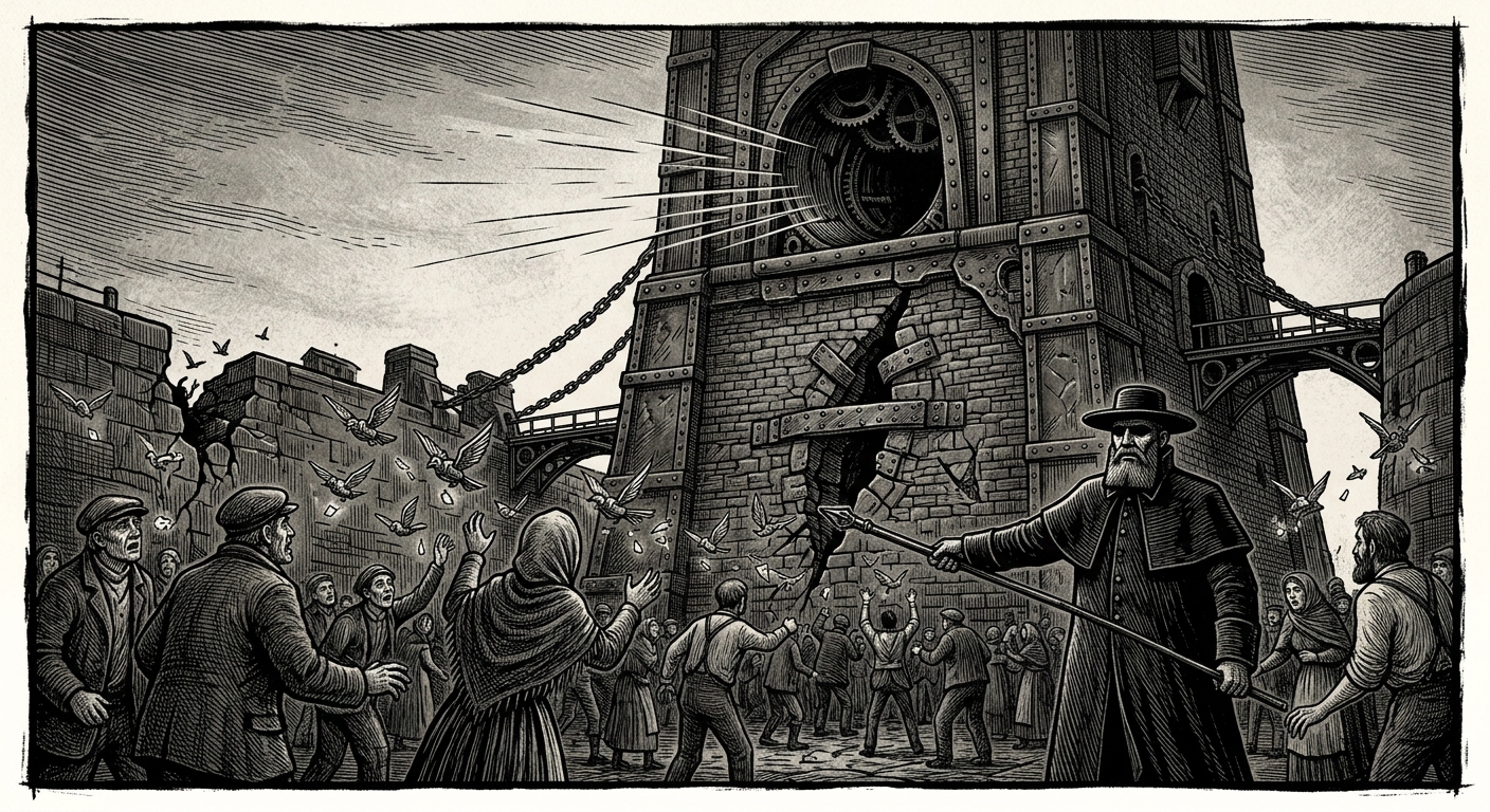Elder Tower — On the Warden and the Ordinary Miracle, rendered as woodcut.