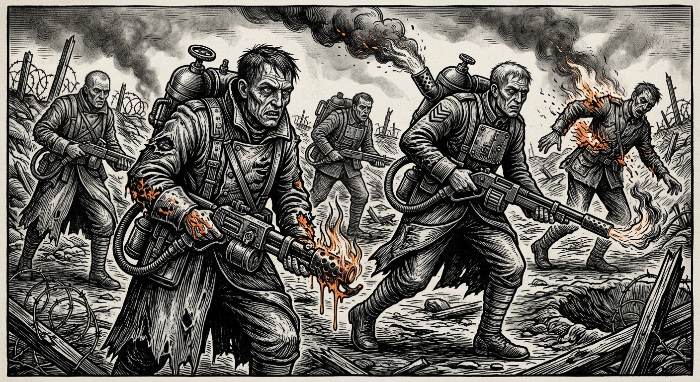 Ember-Soldiers — On Appearance, Heat, and Behaviour, rendered as woodcut.