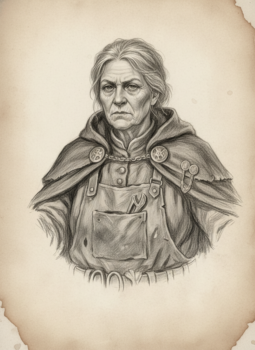 Black and white pencil dossier portrait of Elder Sigrun Half-Wick, shown head and shoulders on vellum.