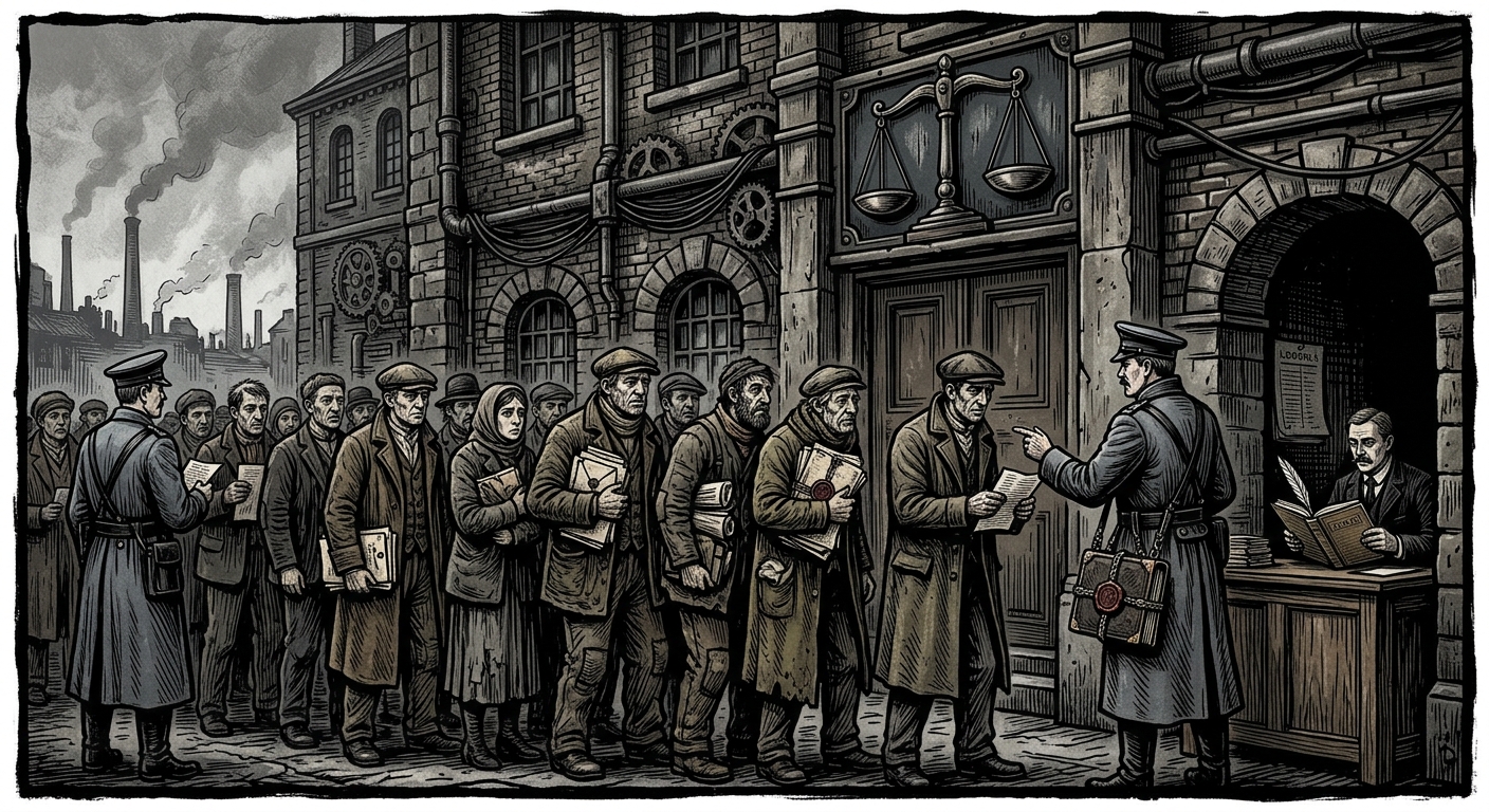 Feast of Balanced Scales — On the Petition Line, rendered as woodcut.