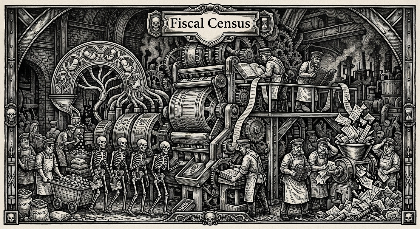Fiscal Census — On Sources and Cross-References, rendered as woodcut.