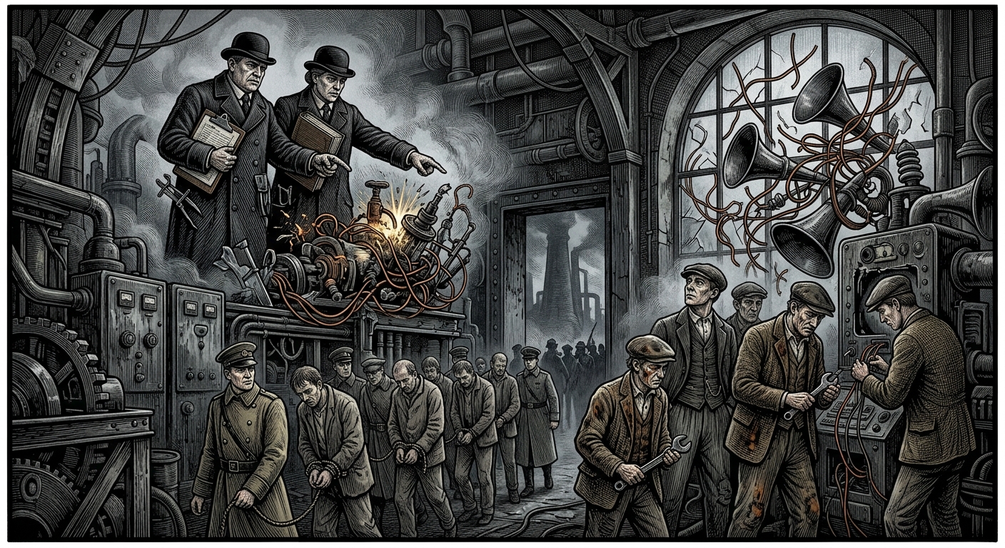Fog Weeks — On Auditors, Engineers, and the Cull, rendered as woodcut.
