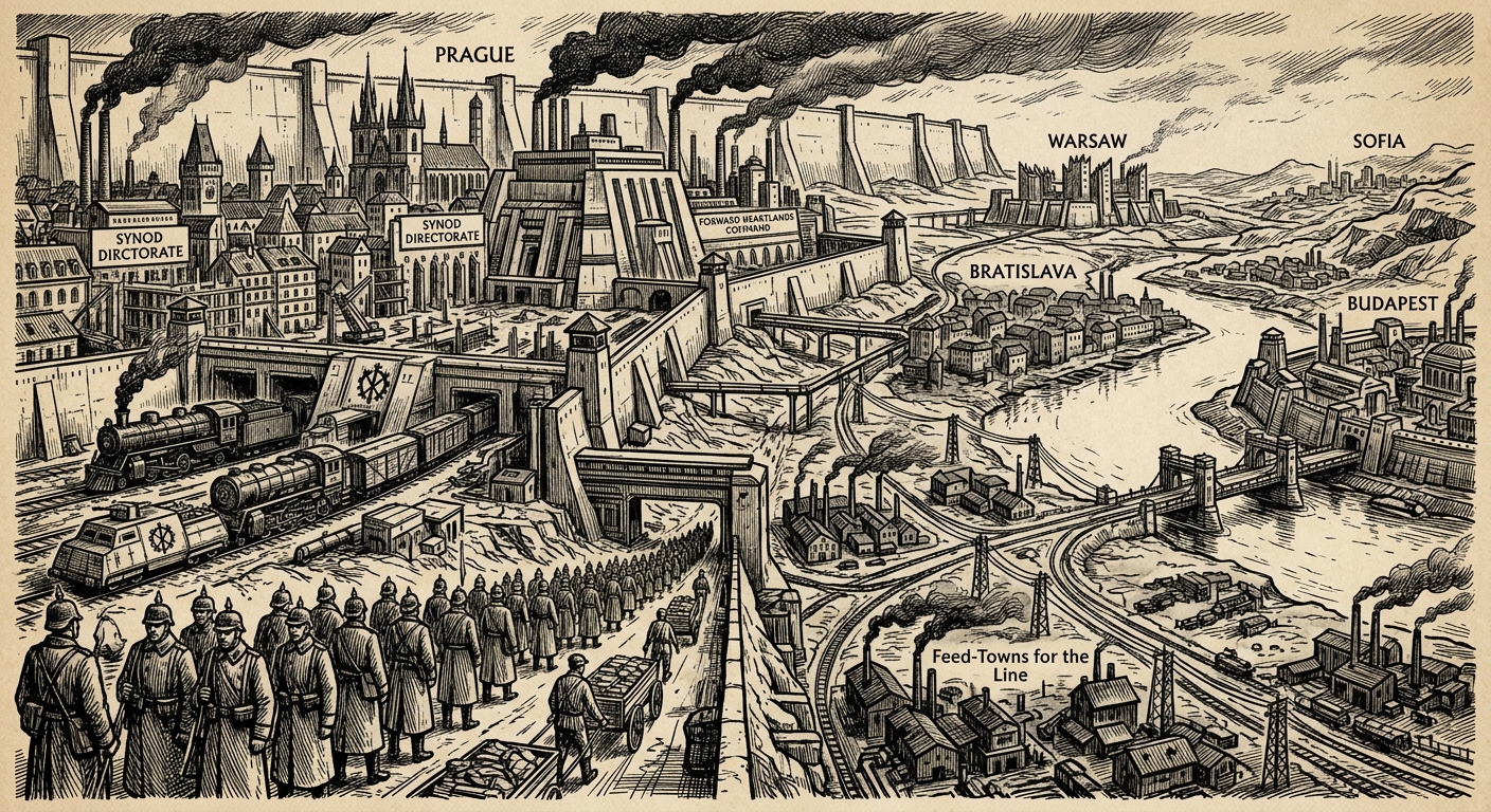 Forward Heartlands — On Prague, the Educated Scar, rendered as woodcut.