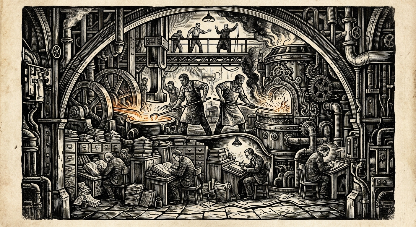Foundry Core — On Hymnsteel and the Hall of Measures, rendered as woodcut.