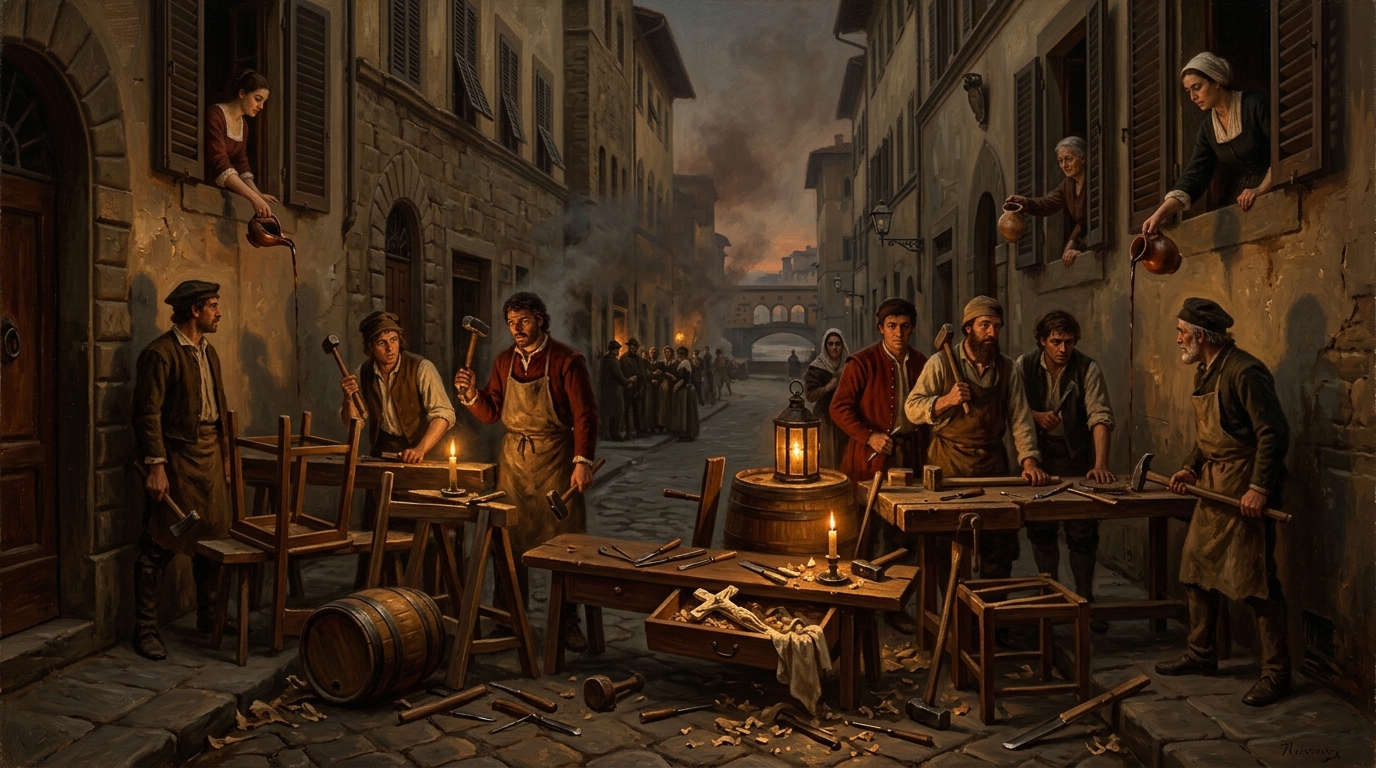Oil painting of Florence during the Ivory Revolt, with Oltrarno artisans barricading workshop lanes around hidden crucifixes, chisels, awls, drawers, and candlelit reliquary tools.