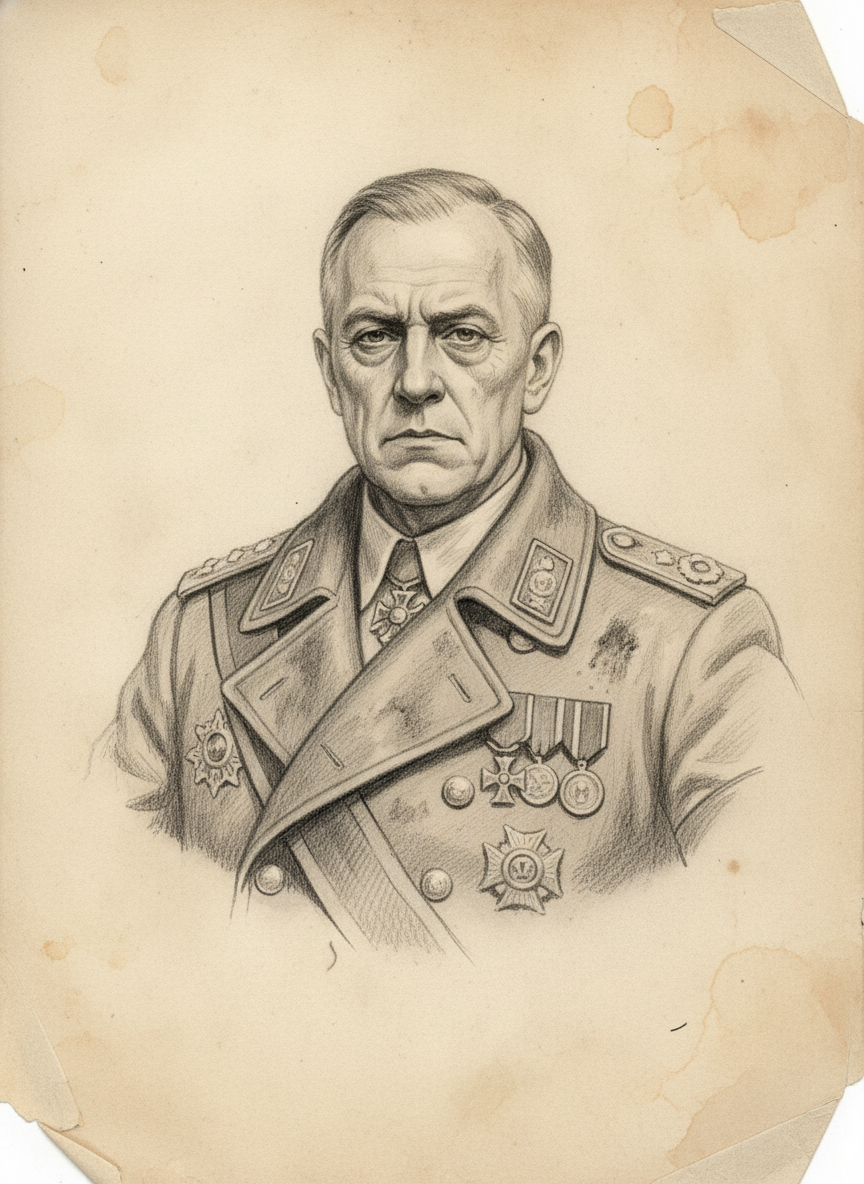 Black and white pencil dossier portrait of Furnace-Marshal Kord, shown head and shoulders on vellum.