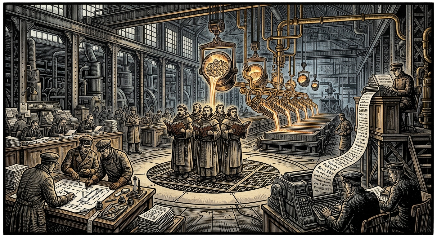 Hall of Measures — On the Architecture of Measure, rendered as woodcut.