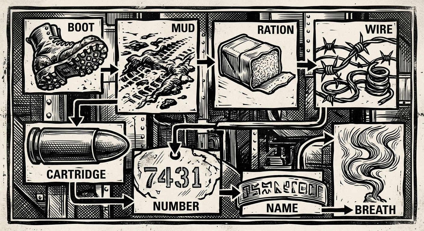 Humility Sequence — On the Eight Words, rendered as woodcut.
