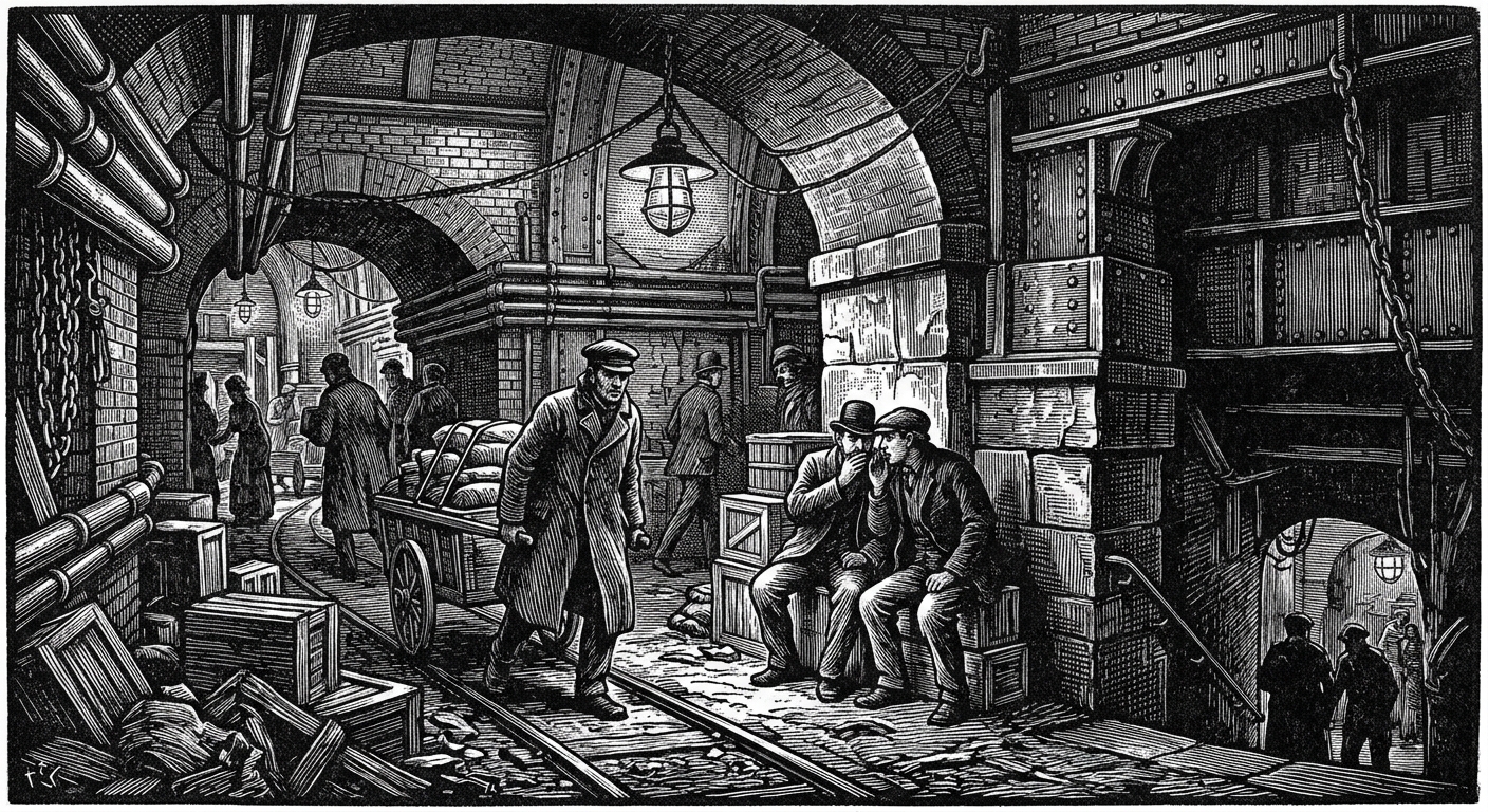 Hush Tunnels — On the Shape Beneath the Shape, rendered as woodcut.
