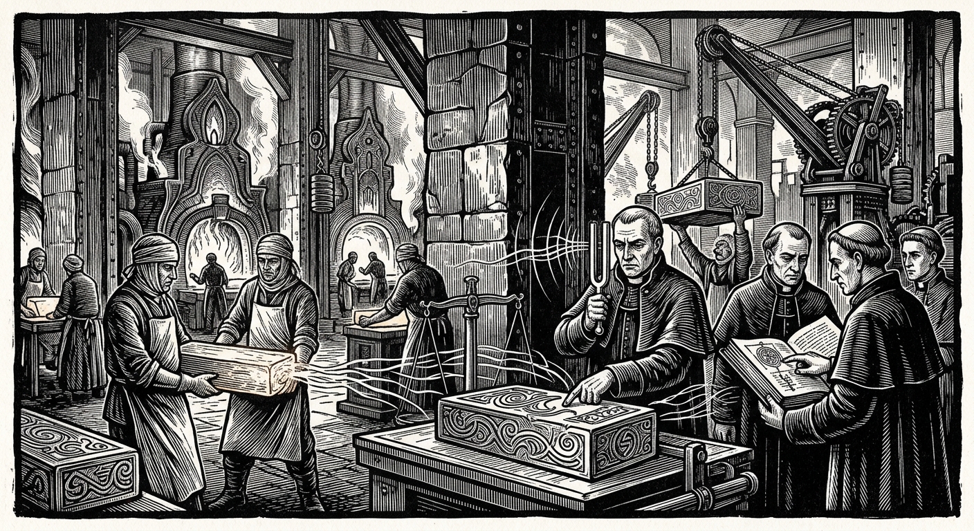 Hymnsteel — On the Hall of Measures, rendered as woodcut.