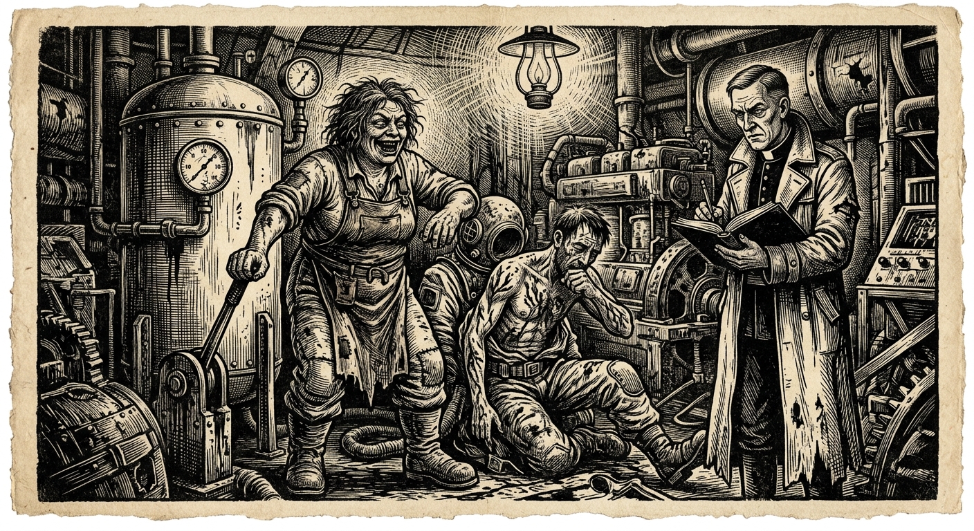 Ila “Kelp” — On First Descent and the Roster 14-F Aftermath, rendered as woodcut.