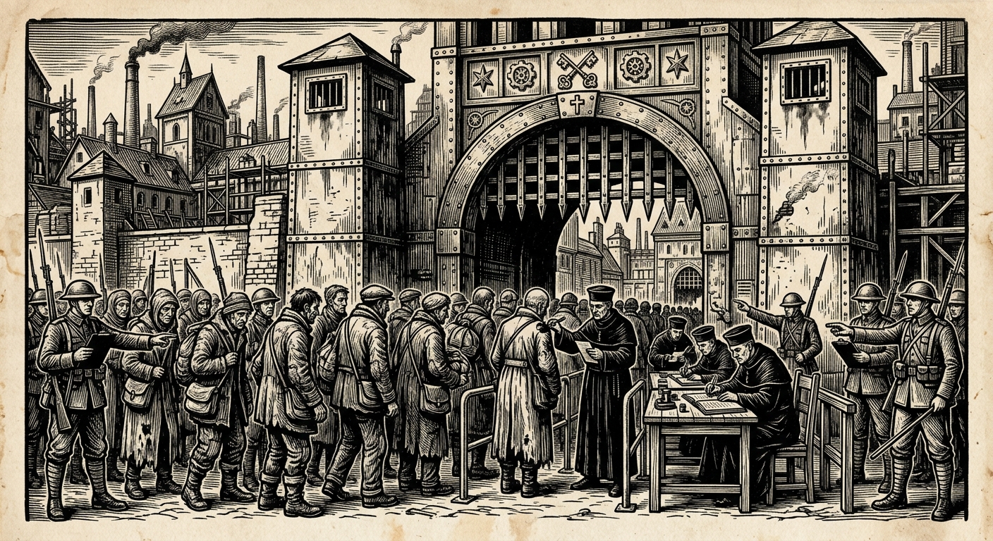 Intake Gate — On the Ritual of Admission, rendered as woodcut.