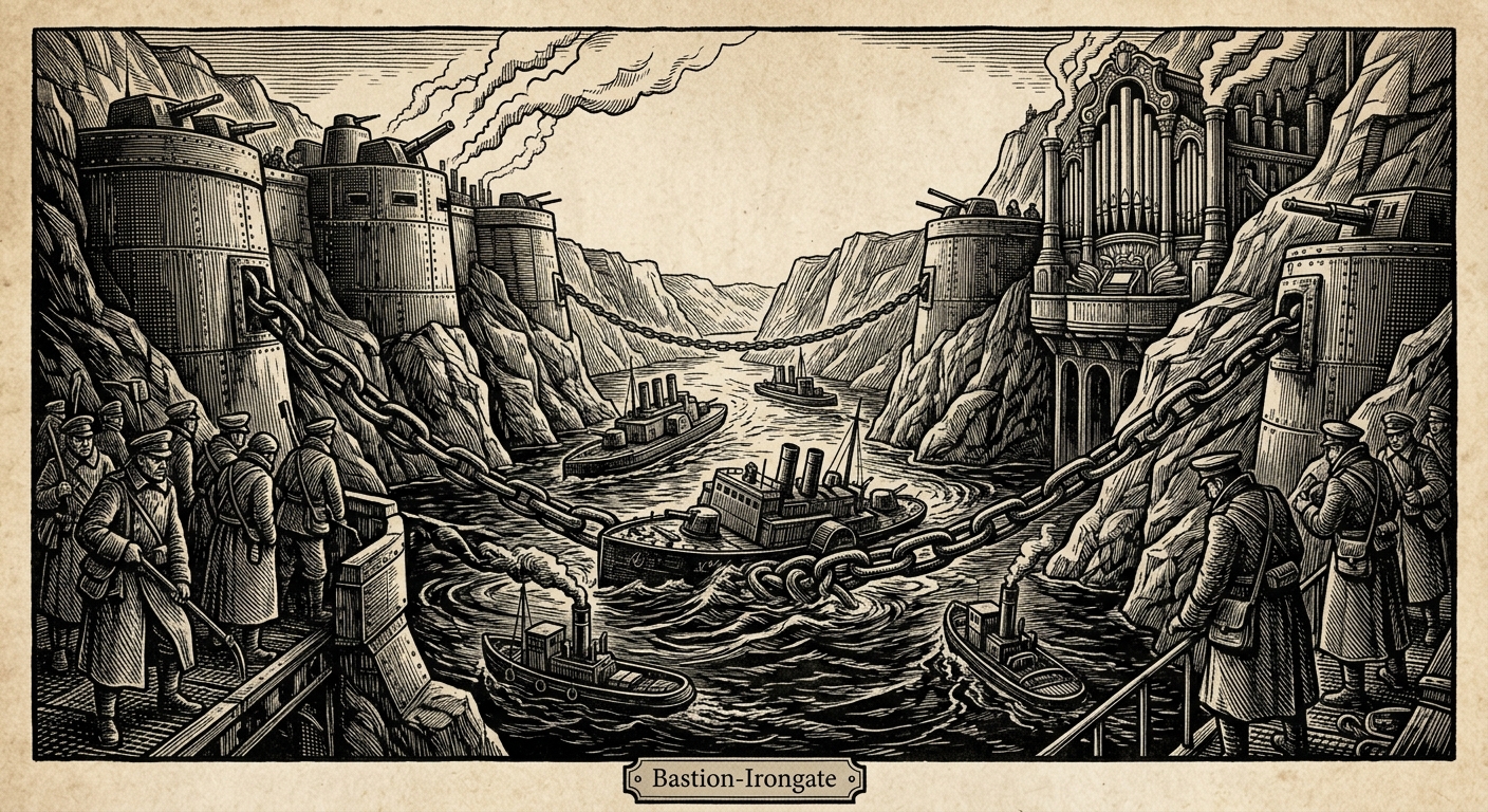 Iron Gates Gorge — On the River and the Chains, rendered as woodcut.