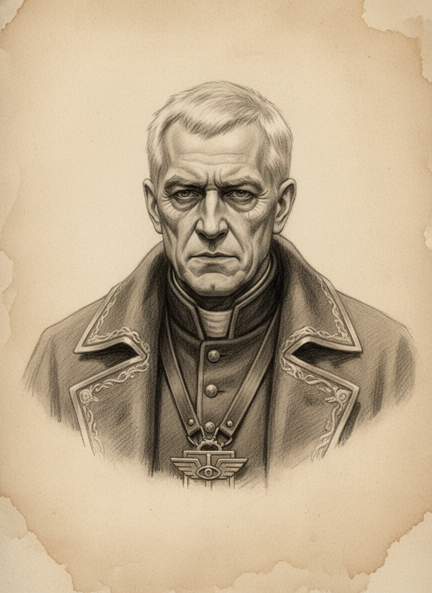 Black and white pencil dossier portrait of Inquisitor Velek, shown head and shoulders on vellum.