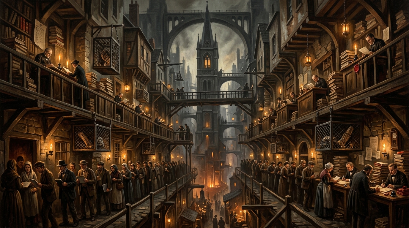 Oil painting of Ledger Row in Essen-of-Hymnsteel, with identity queues, clerks, seal presses, ration chits, paper towers, ink wells, and a furnace-lit Records spire.