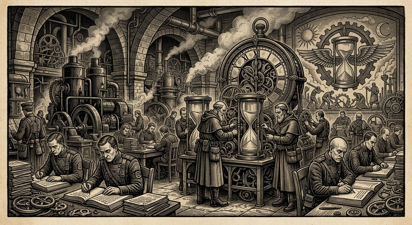 Lyon Academy of Horological Sciences — On the Curriculum and the Sanctification of Boredom, rendered as woodcut.
