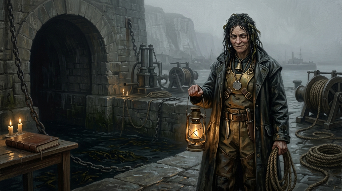 Oil painting of Ila Kelp, a female Undertide Diver of Calais, standing at a wet sea-cave access with rope, lantern, brass throat plate, kelp-tangled hair, and black water behind her.
