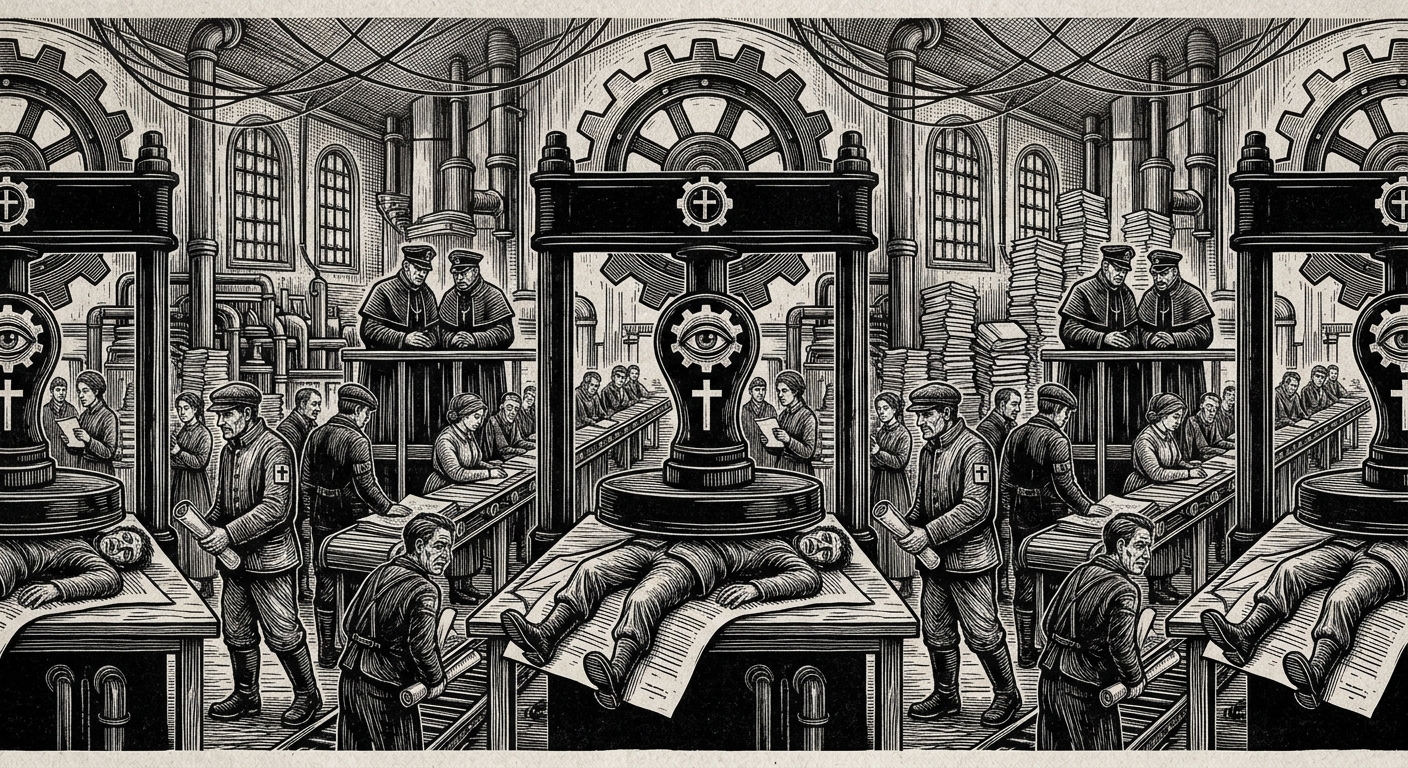 Manifest Basilica — On the Stamping Halls, rendered as woodcut.