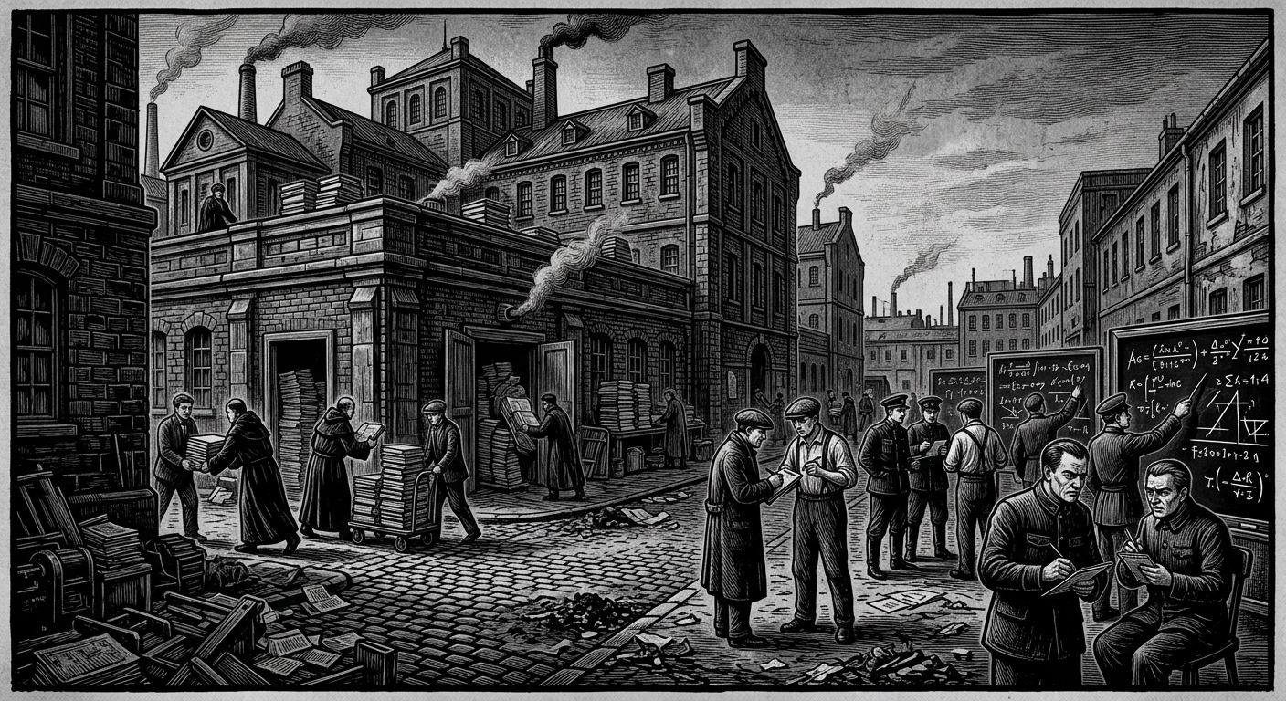 Mannheim — On the Copyhouses and the Arithmetic of Doubt, rendered as woodcut.