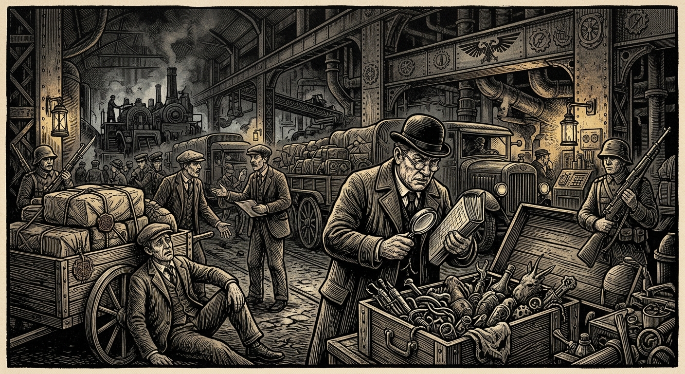 Merchant Problem — On Complex Contraband, rendered as woodcut.