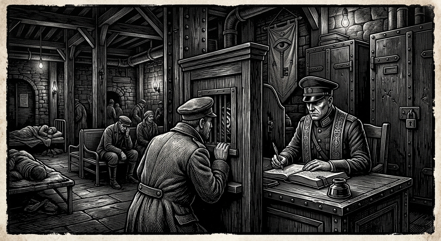 Oath Inns — On Confession as Collateral, rendered as woodcut.