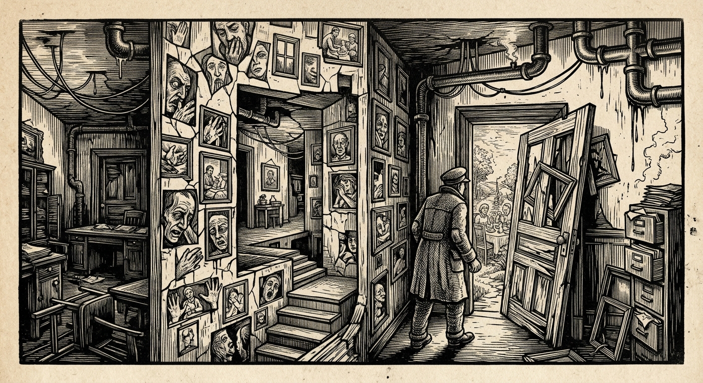 Palace of Echoes — On Its Rooms and Their Malice, rendered as woodcut.