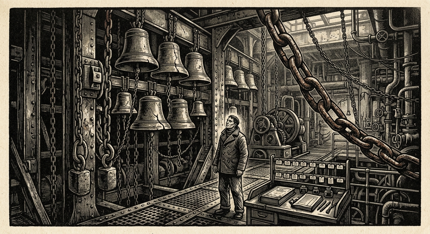 Passage Psalm — On Bells, Chain, and the Human Witness, rendered as woodcut.