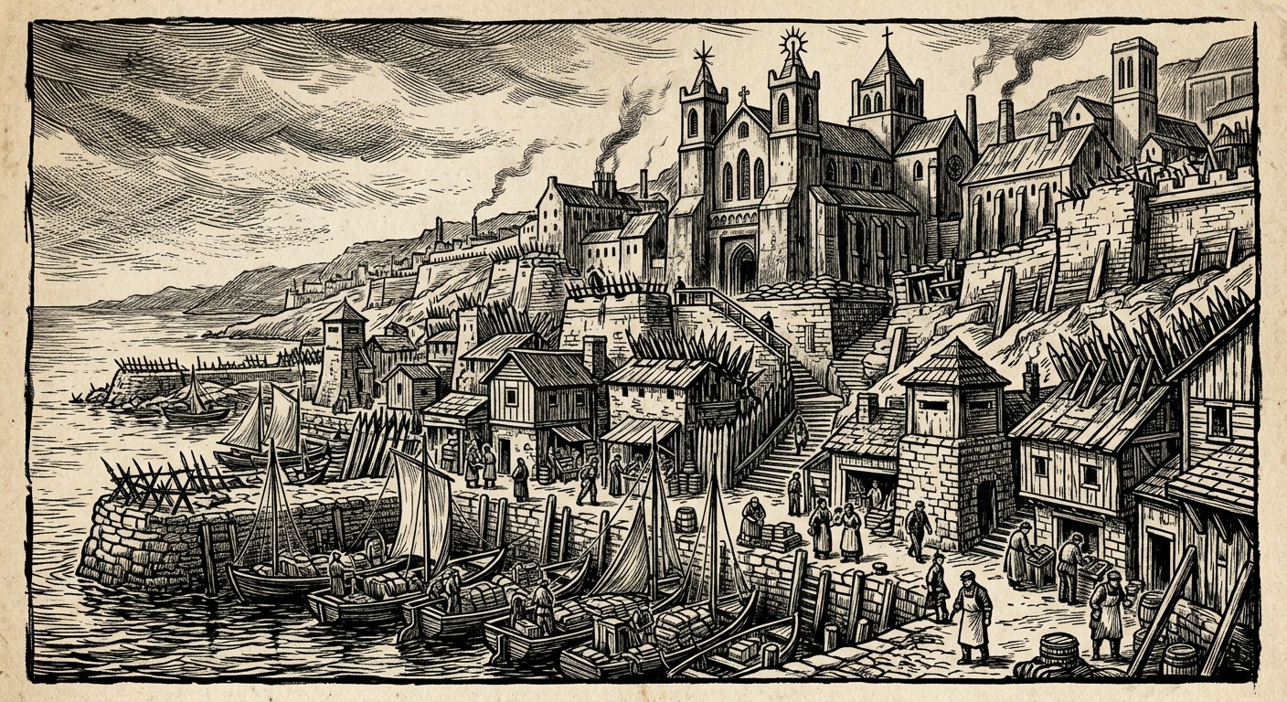 Pilgrim's Coast — On Settlements That Grew Teeth, rendered as woodcut.