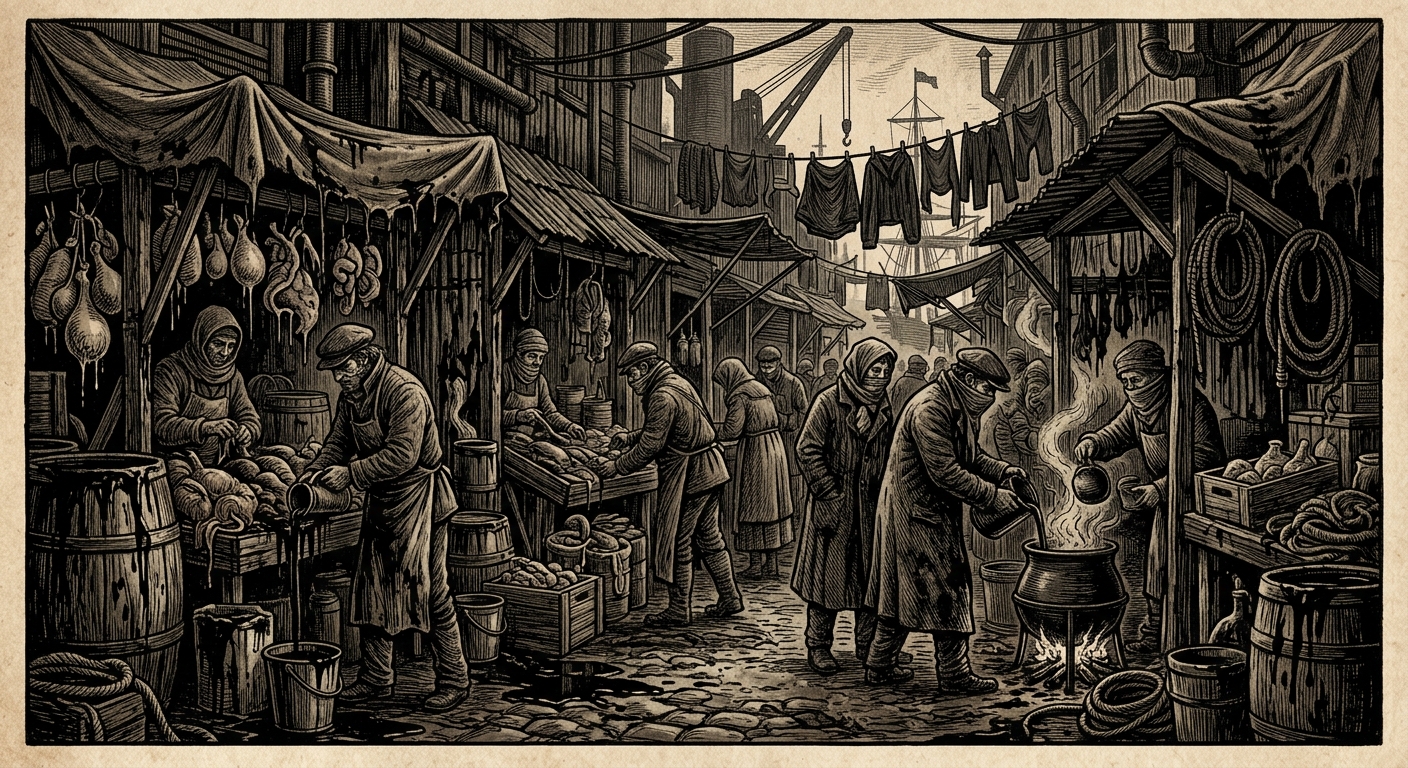 Pitch Markets — On the Stalls and Their Odours, rendered as woodcut.