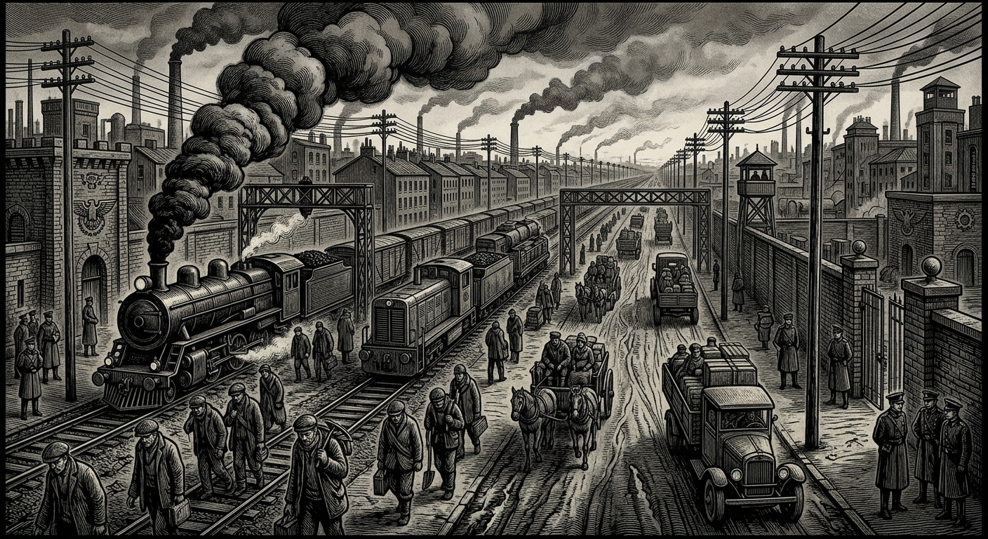 Polish Corridor — On Rail, Road, and the Bureau’s Favourite Illusion, rendered as woodcut.