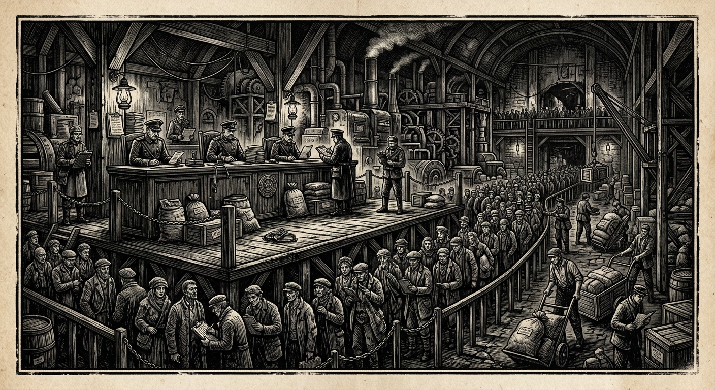 Port Court — On the Architecture of Waiting, rendered as woodcut.