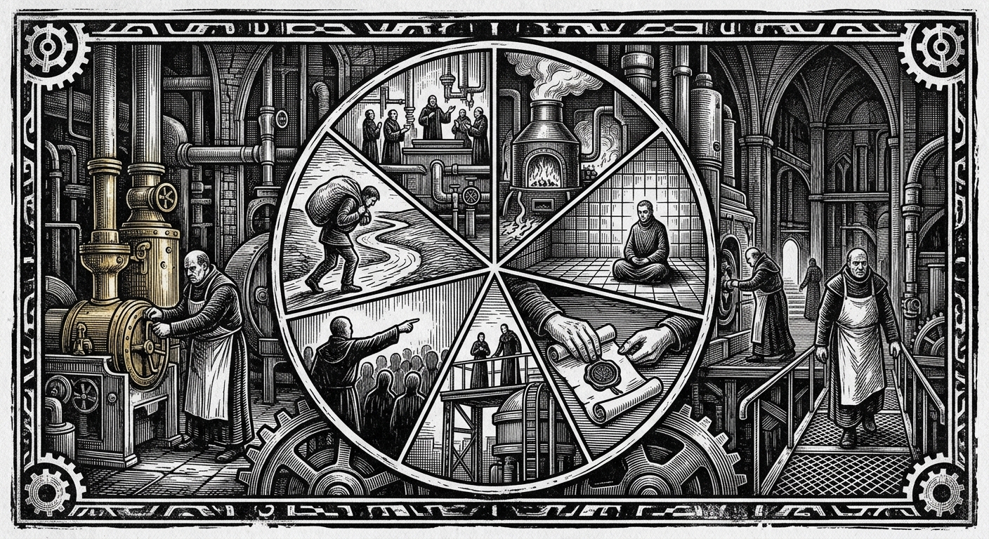 Purity Kiln Decree — On the Seven-Stage Chant Wheel, rendered as woodcut.