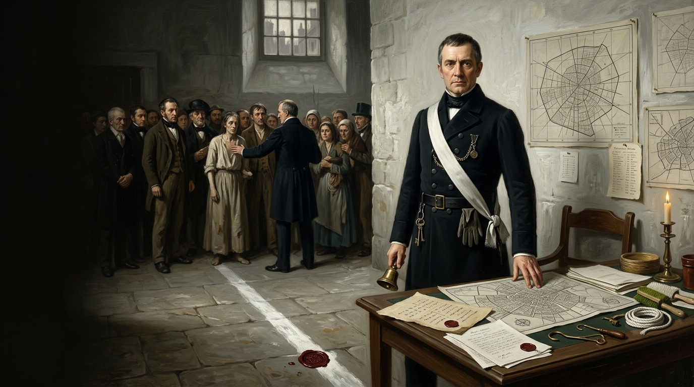 Oil painting of Prefect Salvius in Marrowgate's Sanitation Chapterhouse, standing over cordon maps, clean papers, fever tallies, white rope, seal presses, mouth hooks, and a painted clean line.