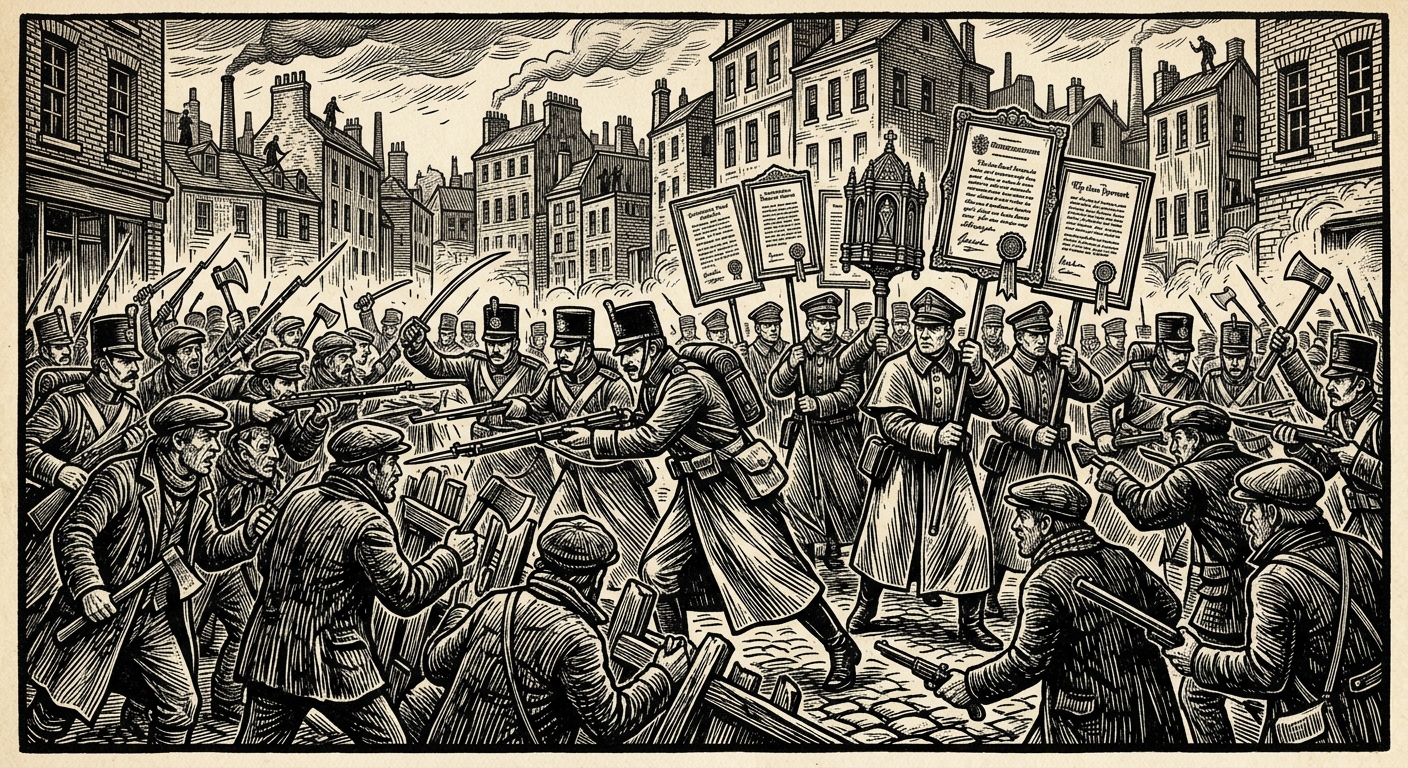 Reliquary Schisms — On the Cities That Drew Blades, rendered as woodcut.