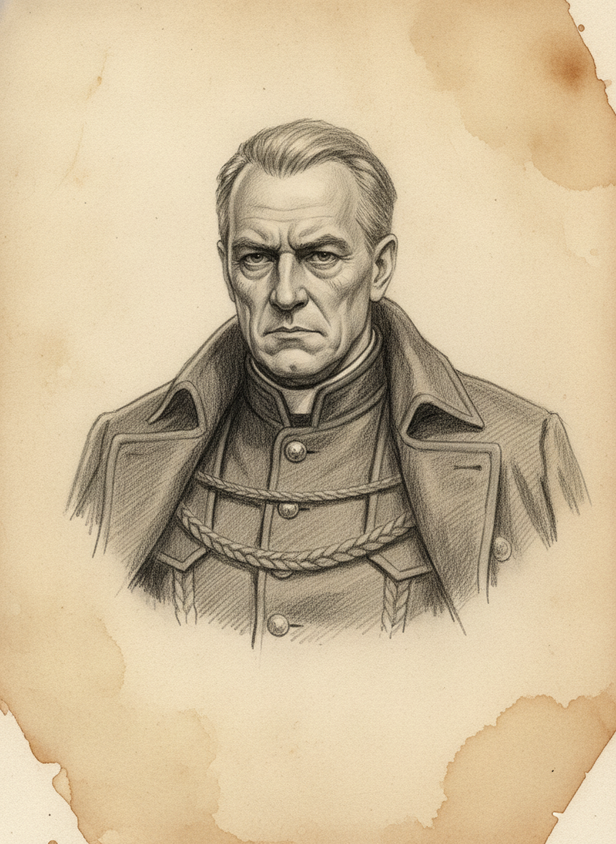 Black and white pencil dossier portrait of Prefect Halden Wry, shown head and shoulders on vellum.