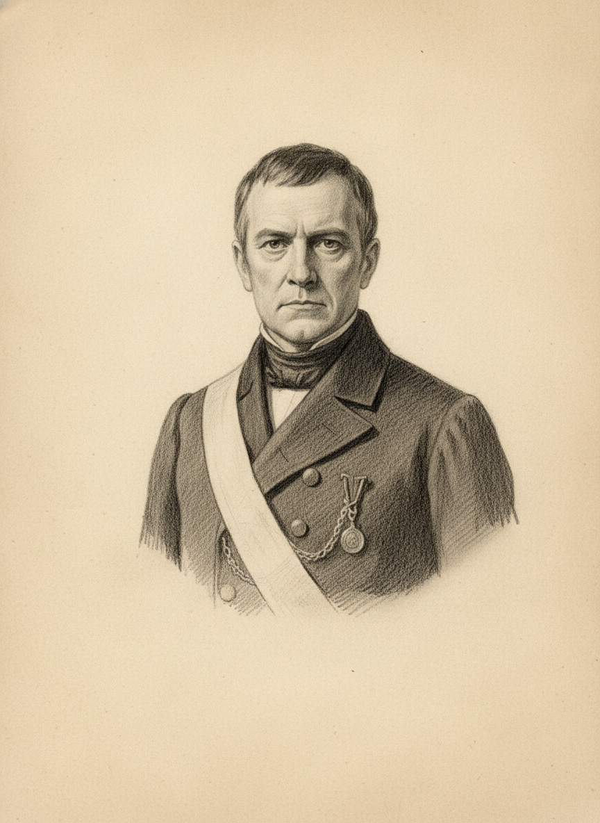 Black and white pencil dossier portrait of Prefect Salvius, shown head and shoulders on vellum.