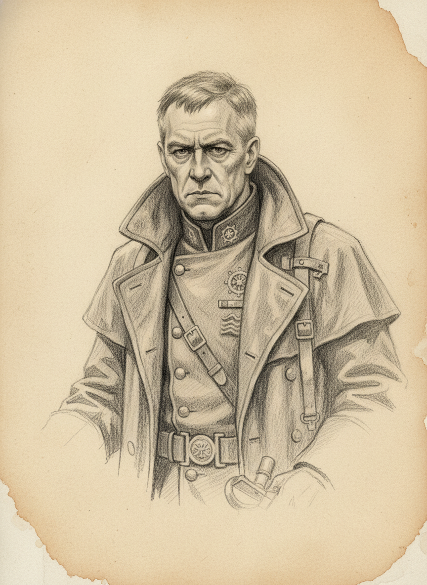 Black and white pencil dossier portrait of Prior Idris of the Sixth Tide, shown head and shoulders on vellum.