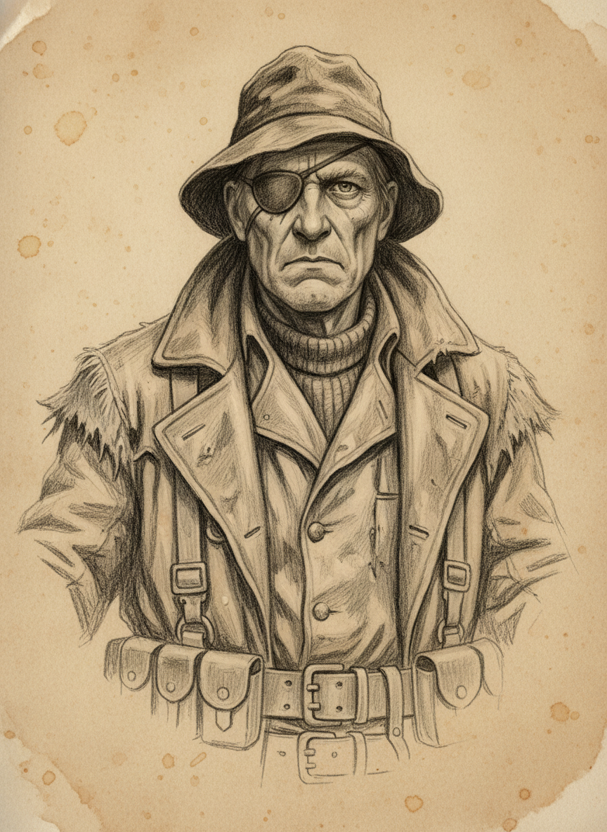 Black and white pencil dossier portrait of Rauk One-Eye, shown head and shoulders on vellum.