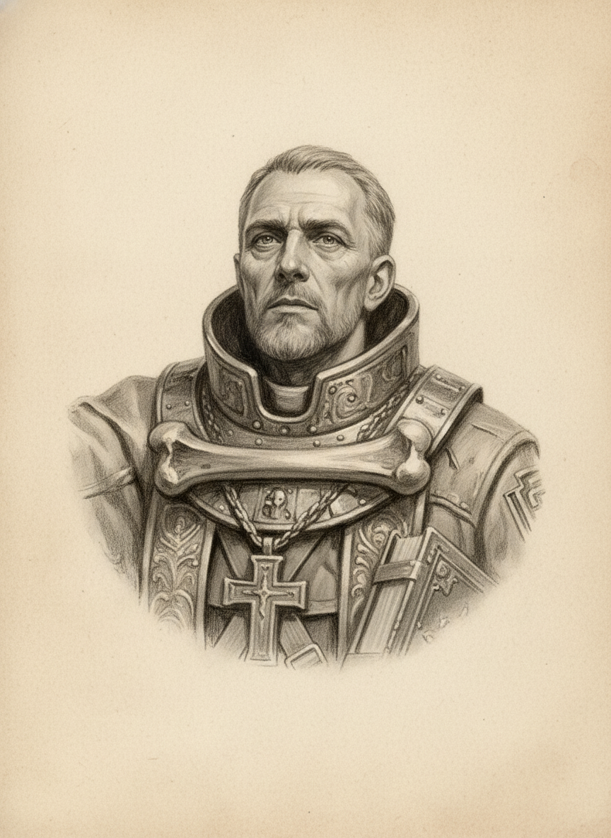 Black and white pencil dossier portrait of Saint Barachiel, shown head and shoulders on vellum.