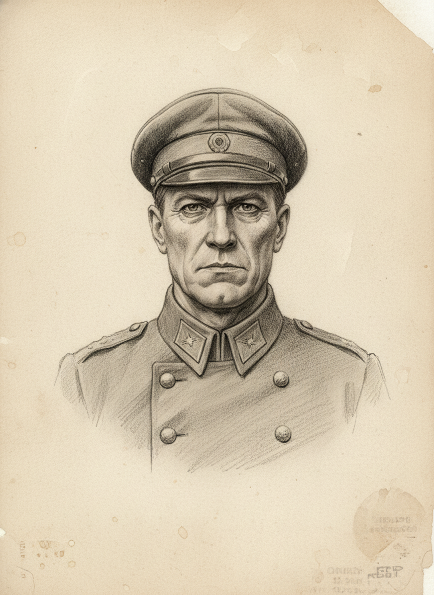 Black and white pencil dossier portrait of Saint Hadrien's Ford, shown head and shoulders on vellum.