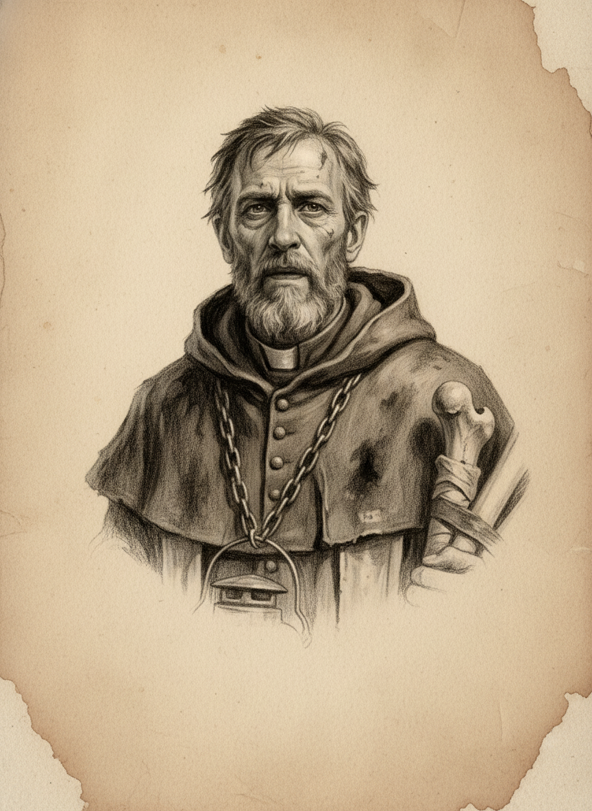 Black and white pencil dossier portrait of Saint Maurus of the Burnt Lantern, shown head and shoulders on vellum.